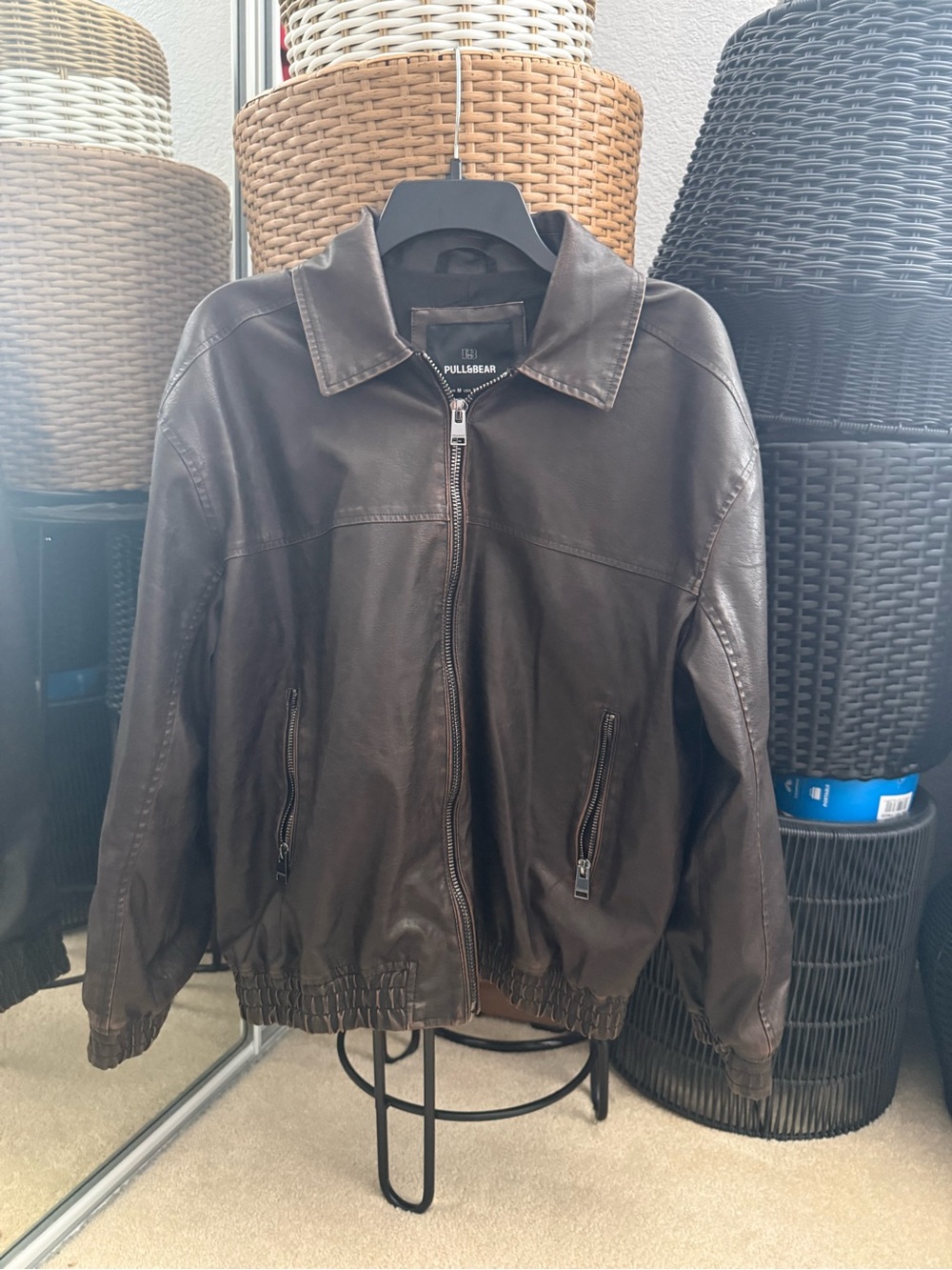 Pull&Bear Brown Leather Bomber Jacket